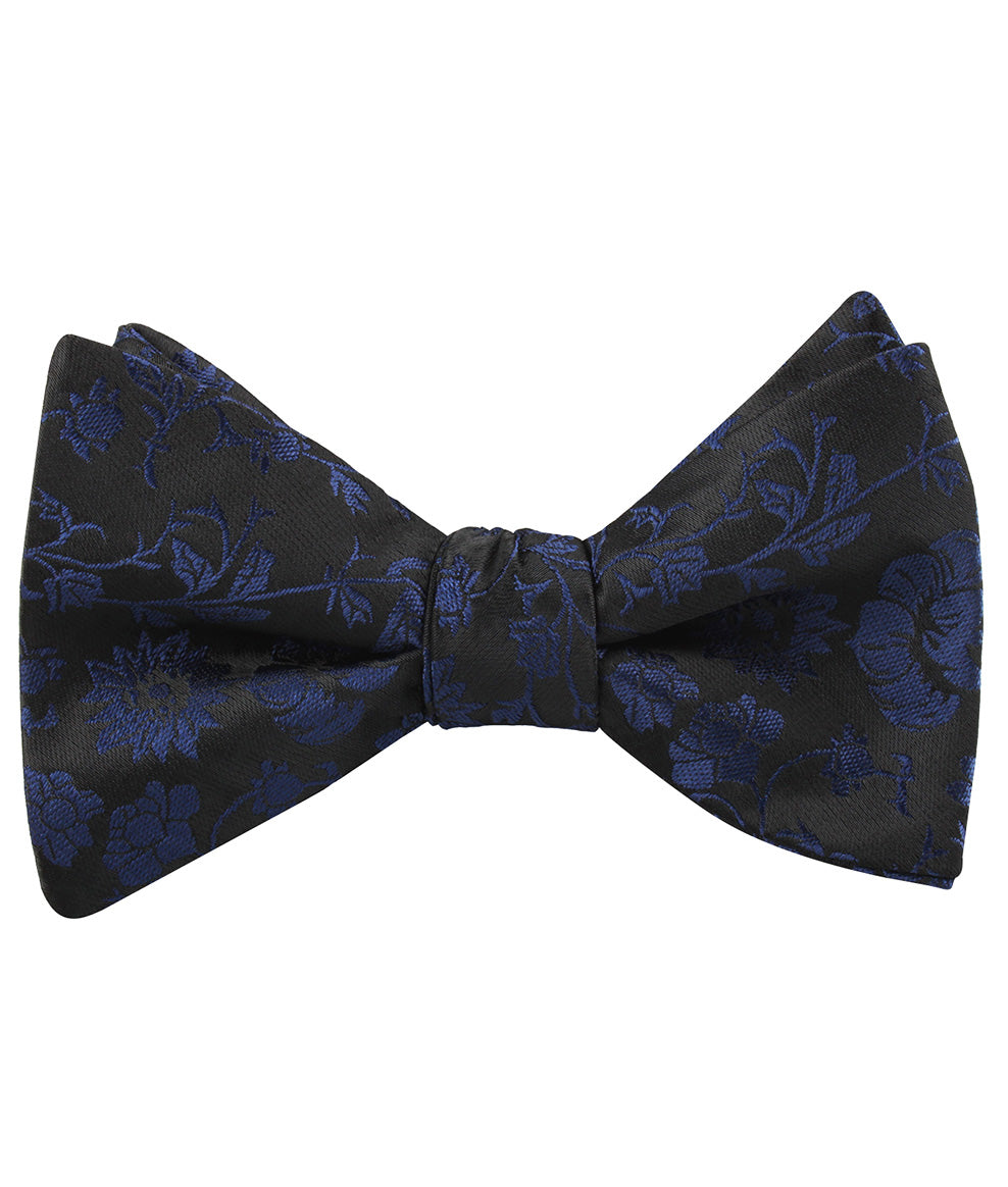 Black on Navy Blue Vine Floral Self Tied Bow Tie