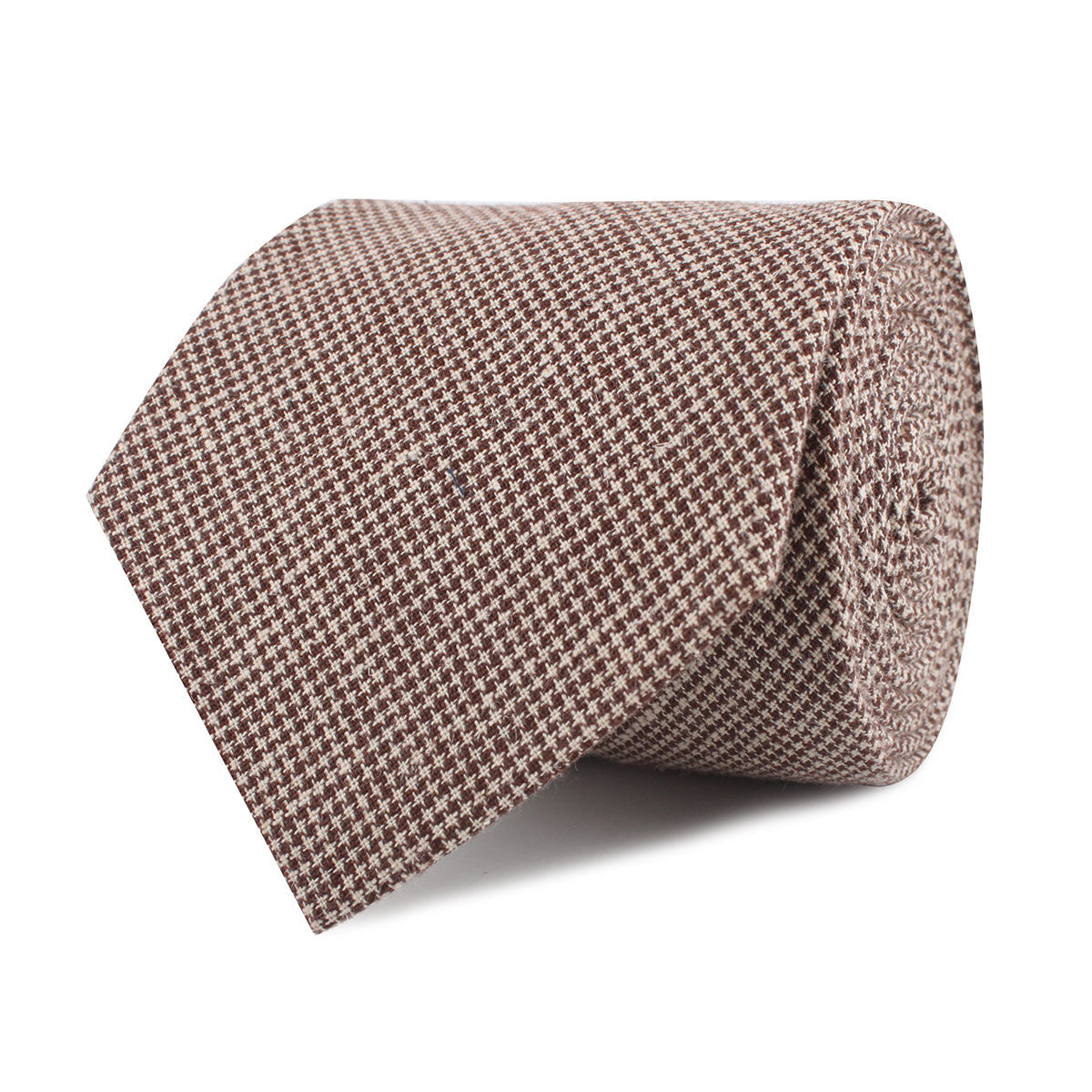 Brown Houndstooth Linen Necktie Front Roll
