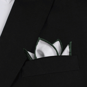 White Cotton Pocket Square with Dark Green Border 03-WCPS