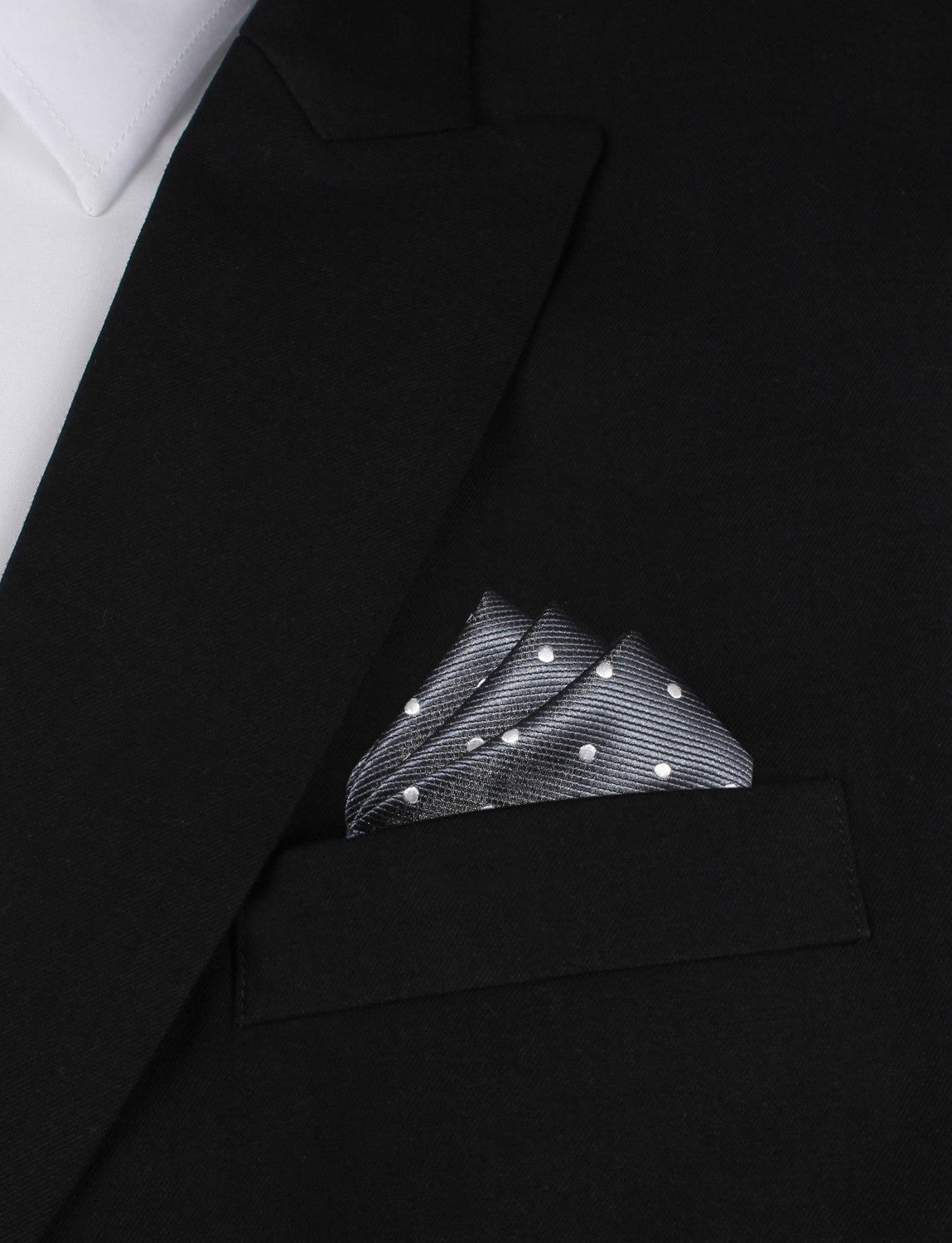 Charcoal Grey with White Polka Dots Oxygen Three Point Pocket Square Fold