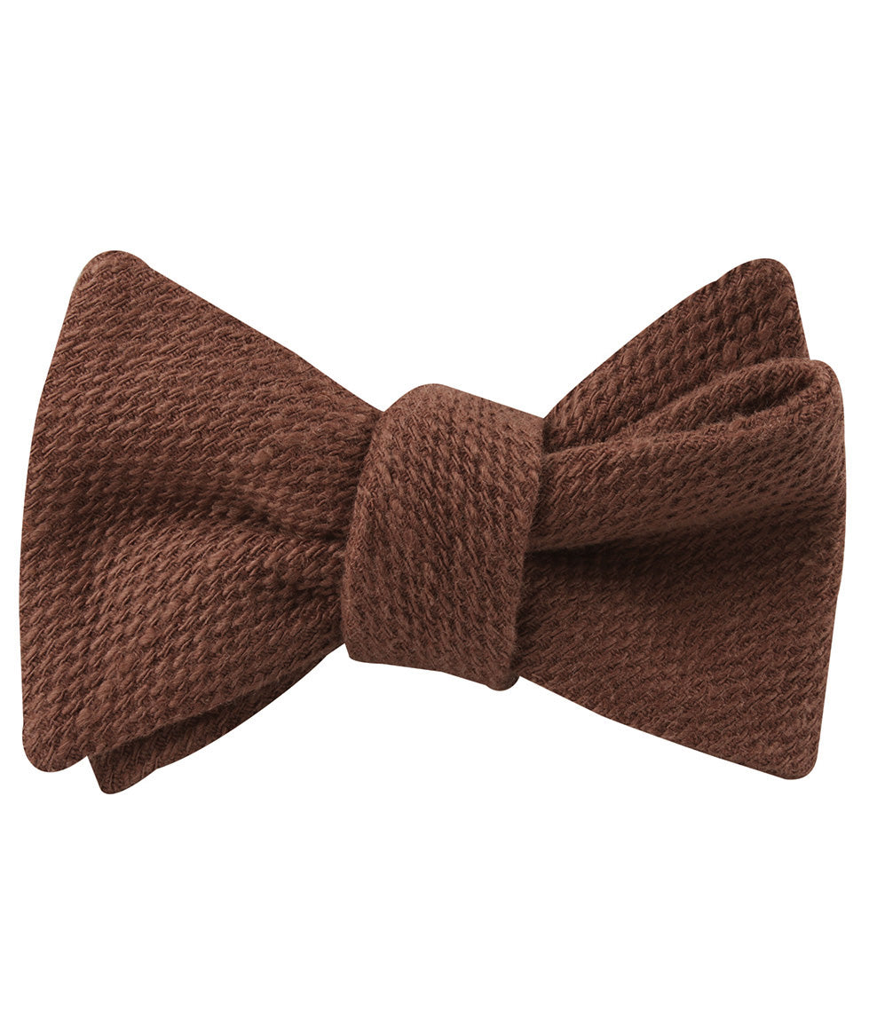 Cinnamon Brown Coarse Linen Self Bow Tie Folded Up
