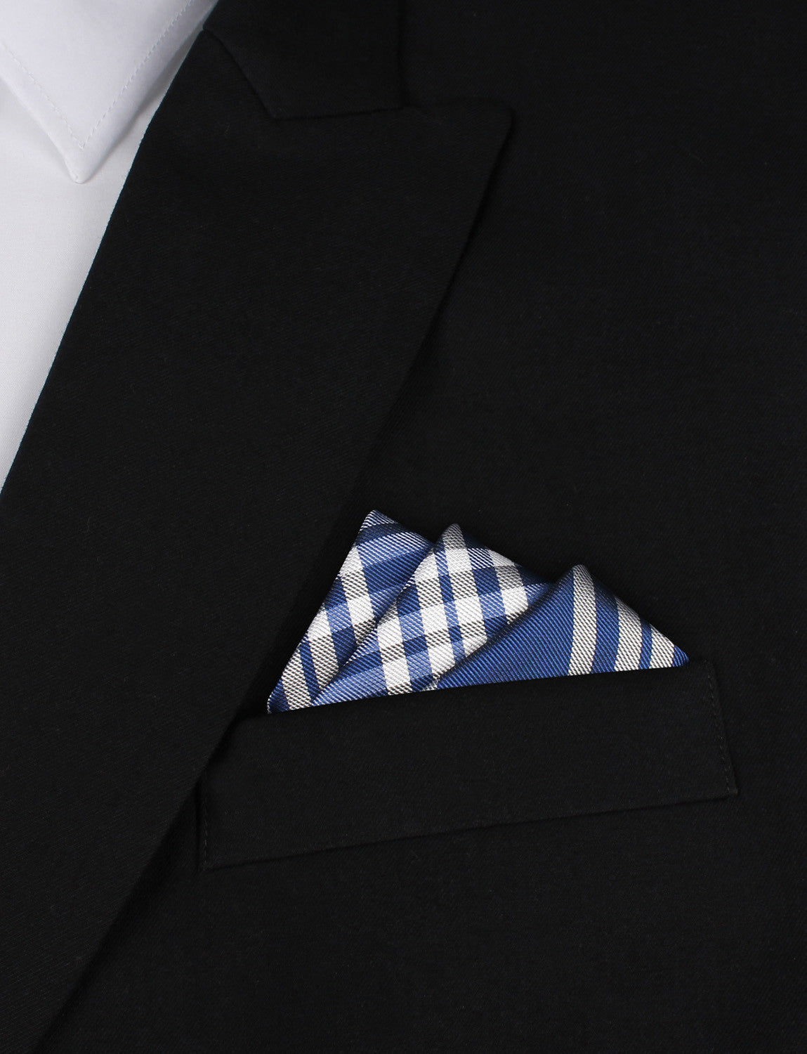 Cobalt Blue with White Stripes Oxygen Three Point Pocket Square Fold