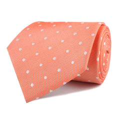 Coral Orange with White Polka Dots Necktie Front Roll