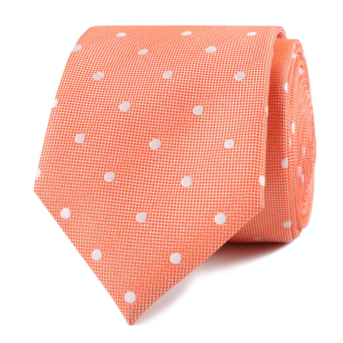 Coral Orange with White Polka Dots Skinny Tie Front Roll