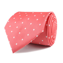 Coral Pink with White Polka Dots Necktie Front Roll