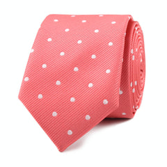 Coral Pink with White Polka Dots Skinny Tie Front Roll