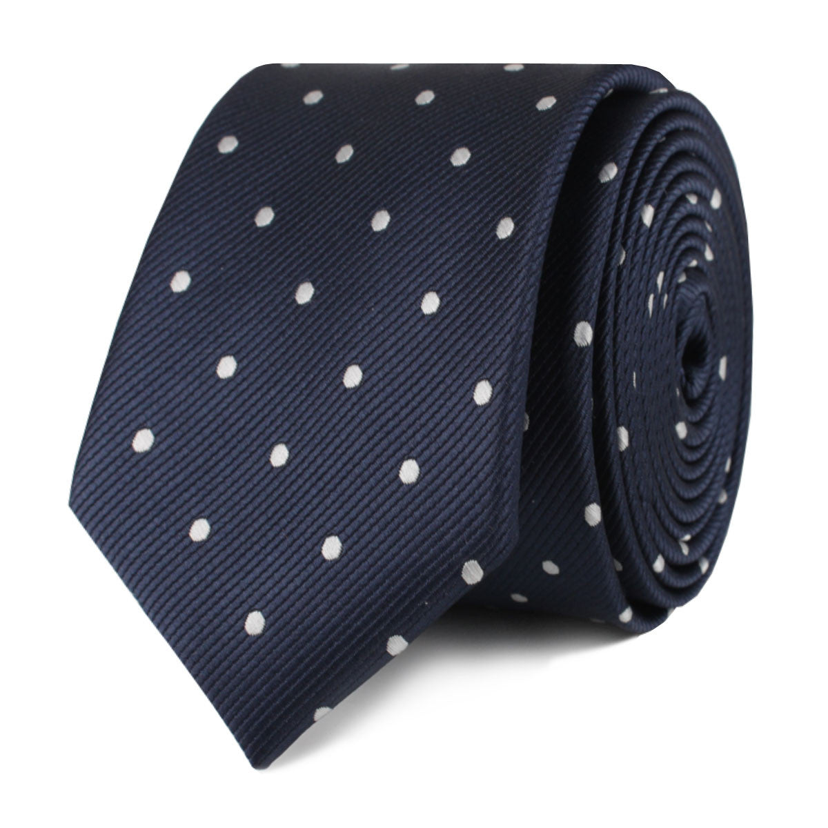 Dark Midnight Blue with White Polka Dots Skinny Tie Front Roll