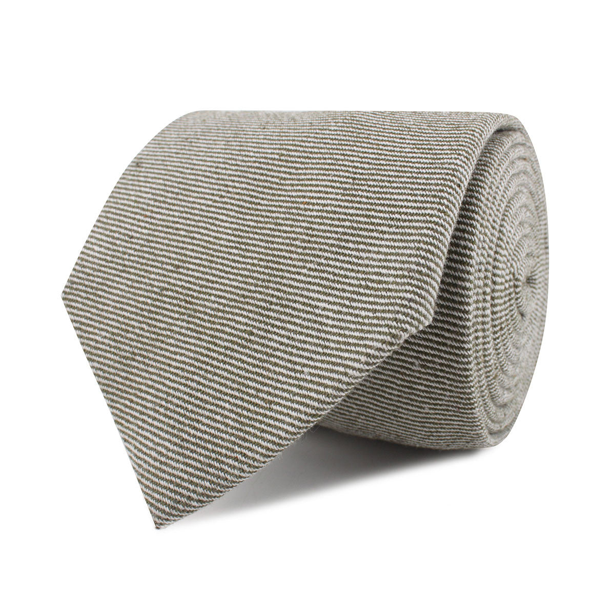 Green & White Twill Stripe Linen Necktie Front Roll