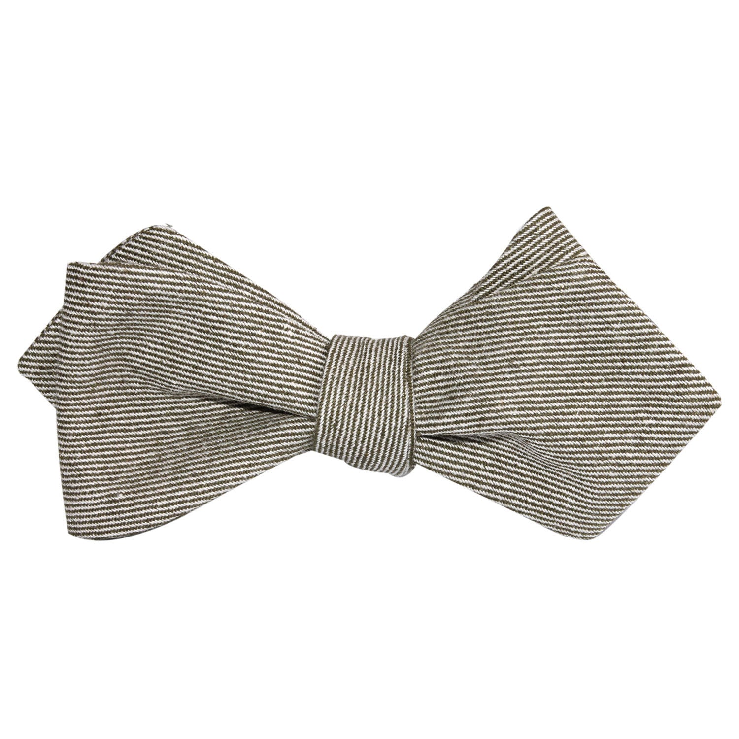 Green White Twill Stripe Linen Self Tie Diamond Tip Bow Tie 1