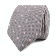Grey with Baby Pink Polka Dots Skinny Tie Front Roll