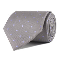 Grey with Lavender Purple Polka Dots Necktie Front Roll