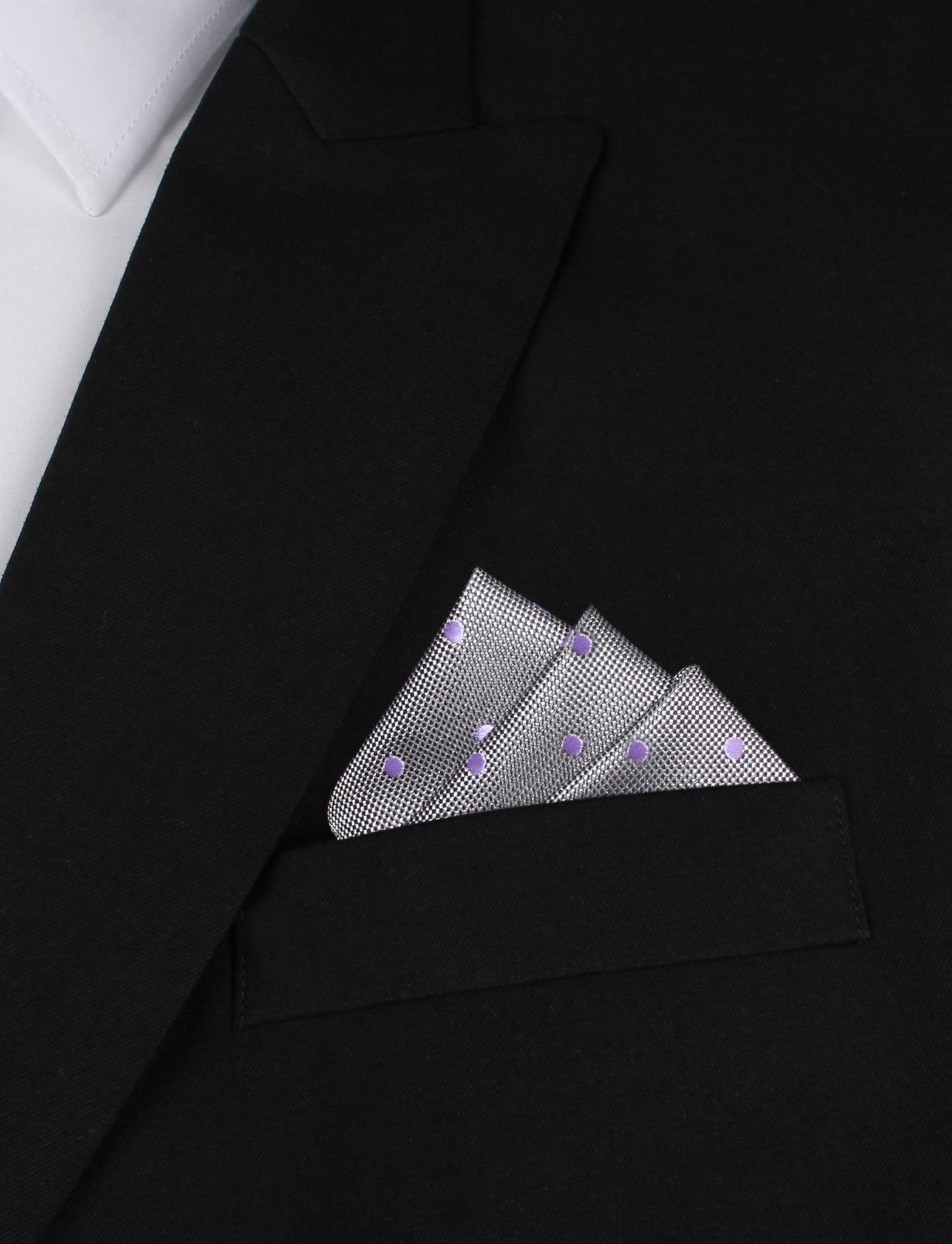 Grey with Lavender Purple Polka Dots Oxygen Three Point Pocket Square Fold