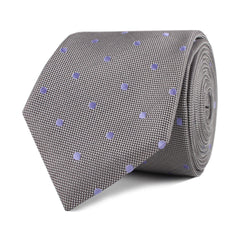 Grey with Lavender Purple Polka Dots Skinny Tie Front Roll