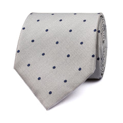 Grey with Navy Blue Polka Dots Tie Front View