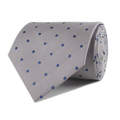 Grey with Oxford Navy Blue Polka Dots Necktie Front Roll