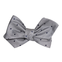 Grey with Oxford Navy Blue Polka Dots Self Tie Diamond Tip Bow Tie 1