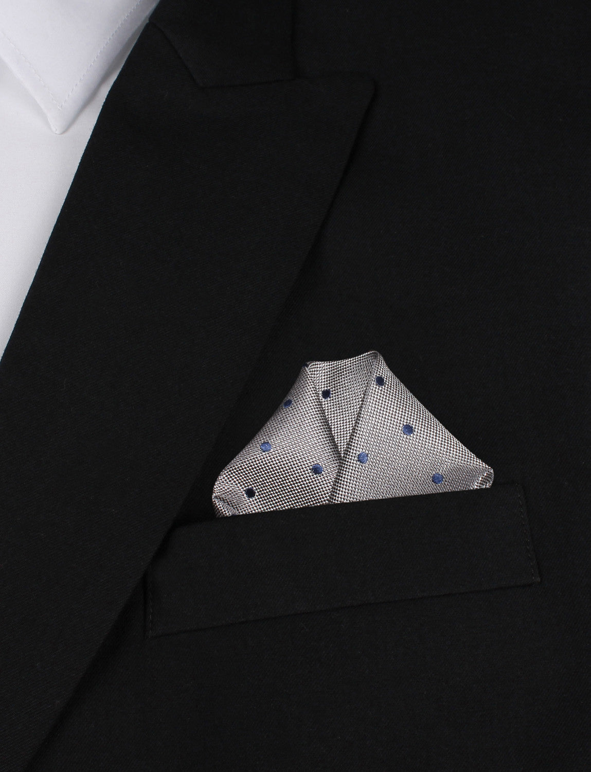 Grey with Oxford Navy Blue Polka Dots Winged Puff Pocket Square Fold