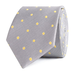 Grey with Yellow Polka Dots Skinny Tie Front Roll