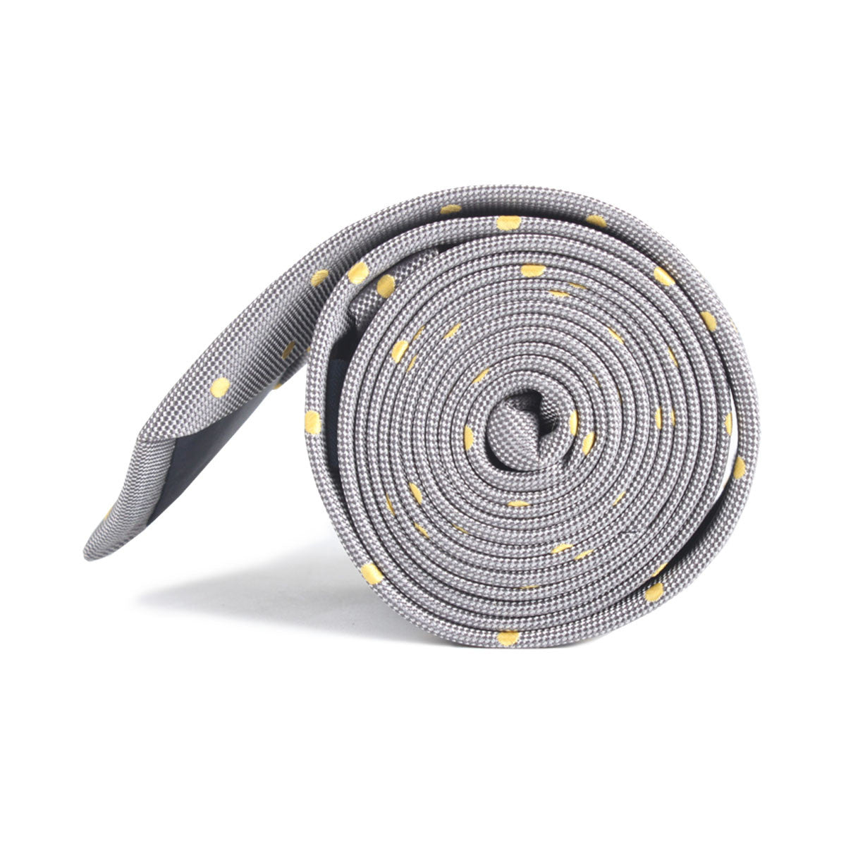Grey with Yellow Polka Dots Skinny Tie Side Roll