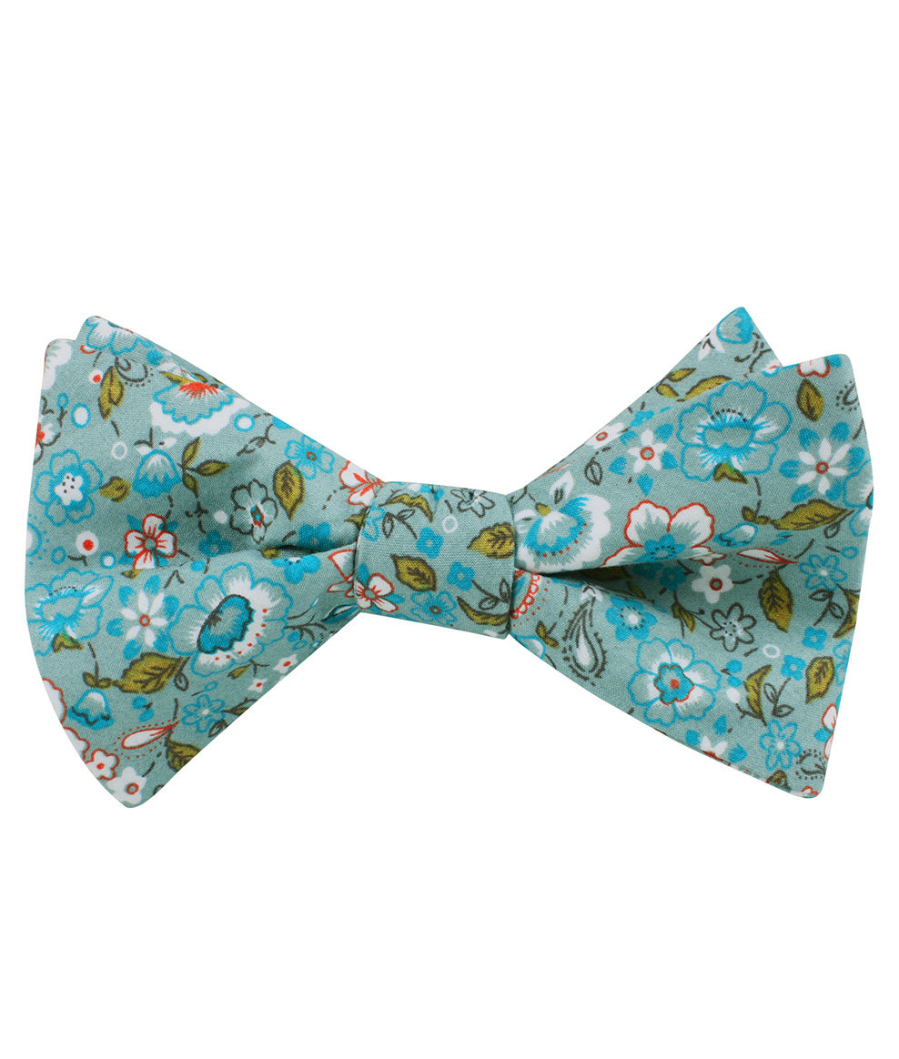 Japanese Sage Green Floral Self Bow Tie Folded Up