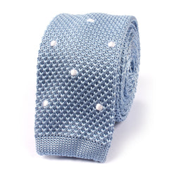 Light Blue Knitted Tie with White Polka Dots