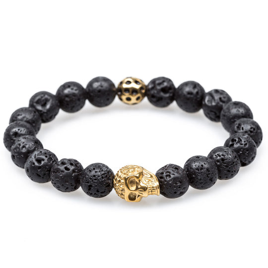 Mauna Loa Volcanic Rock Gold Skull Bracelet