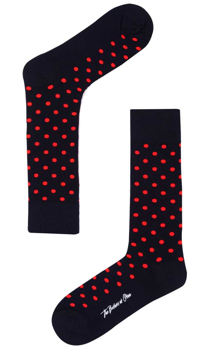 Midnight Blue on Red Dot Socks | Men's Polka Dots Happy Dress Socks | OTAA