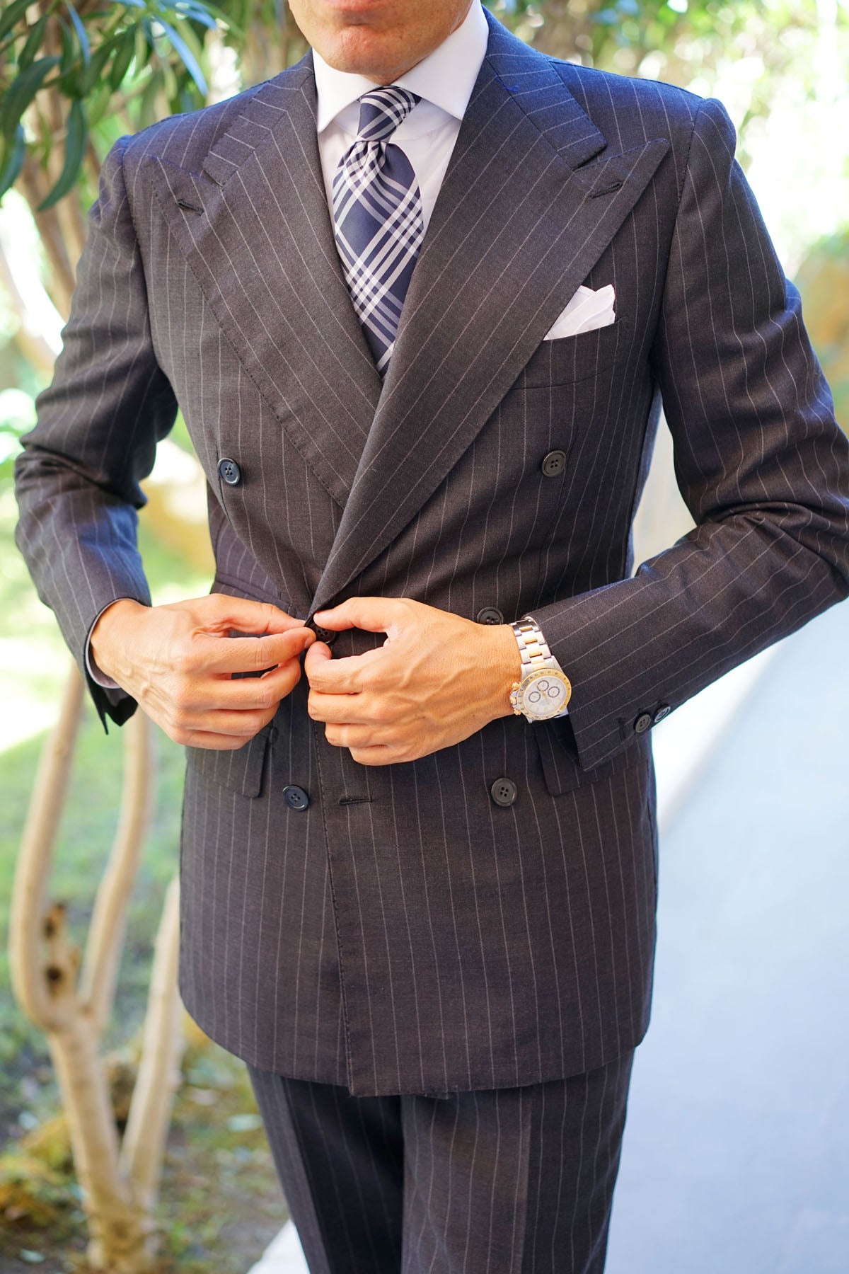 Midnight Blue with White Stripes Necktie | Modern Plaid Ties for Men | OTAA