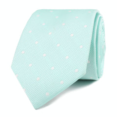 Mint Green with White Polka Dots Skinny Tie Front Roll