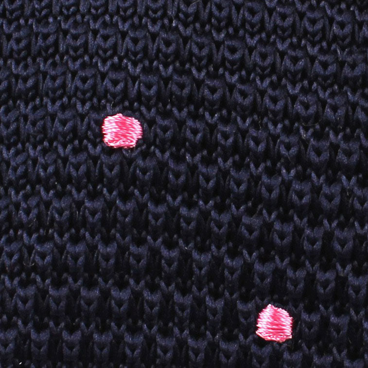 Navy Blue Knitted Tie with Pink Polka Dots Fabric