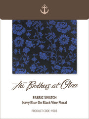 Navy blue on black vine floral Y003 Fabric Swatch
