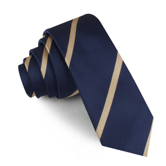 Navy Blue Champagne Gold Striped Skinny Tie