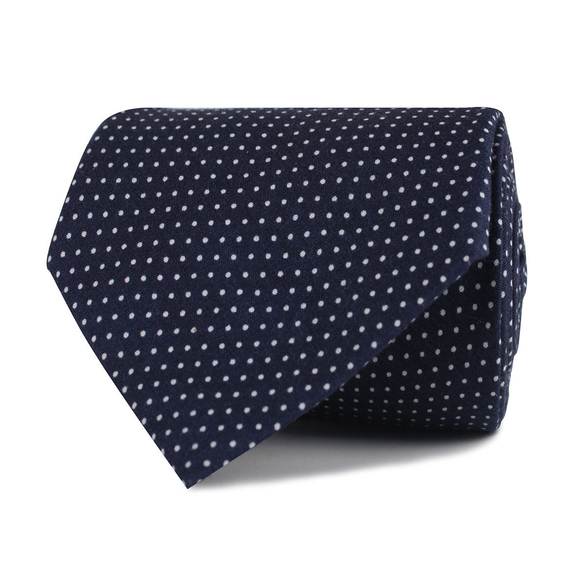 Navy Blue Cotton with White Mini Polka Dots Necktie Front Roll