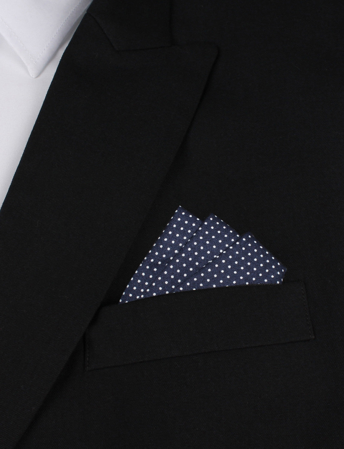 Navy Blue Cotton with White Mini Polka Dots Oxygen Three Point Pocket Square Fold