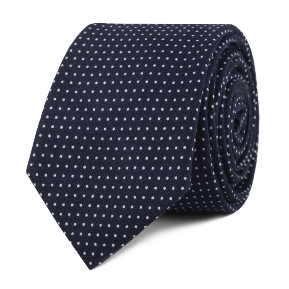 Navy Blue Cotton with White Mini Polka Dots Skinny Tie Front Roll