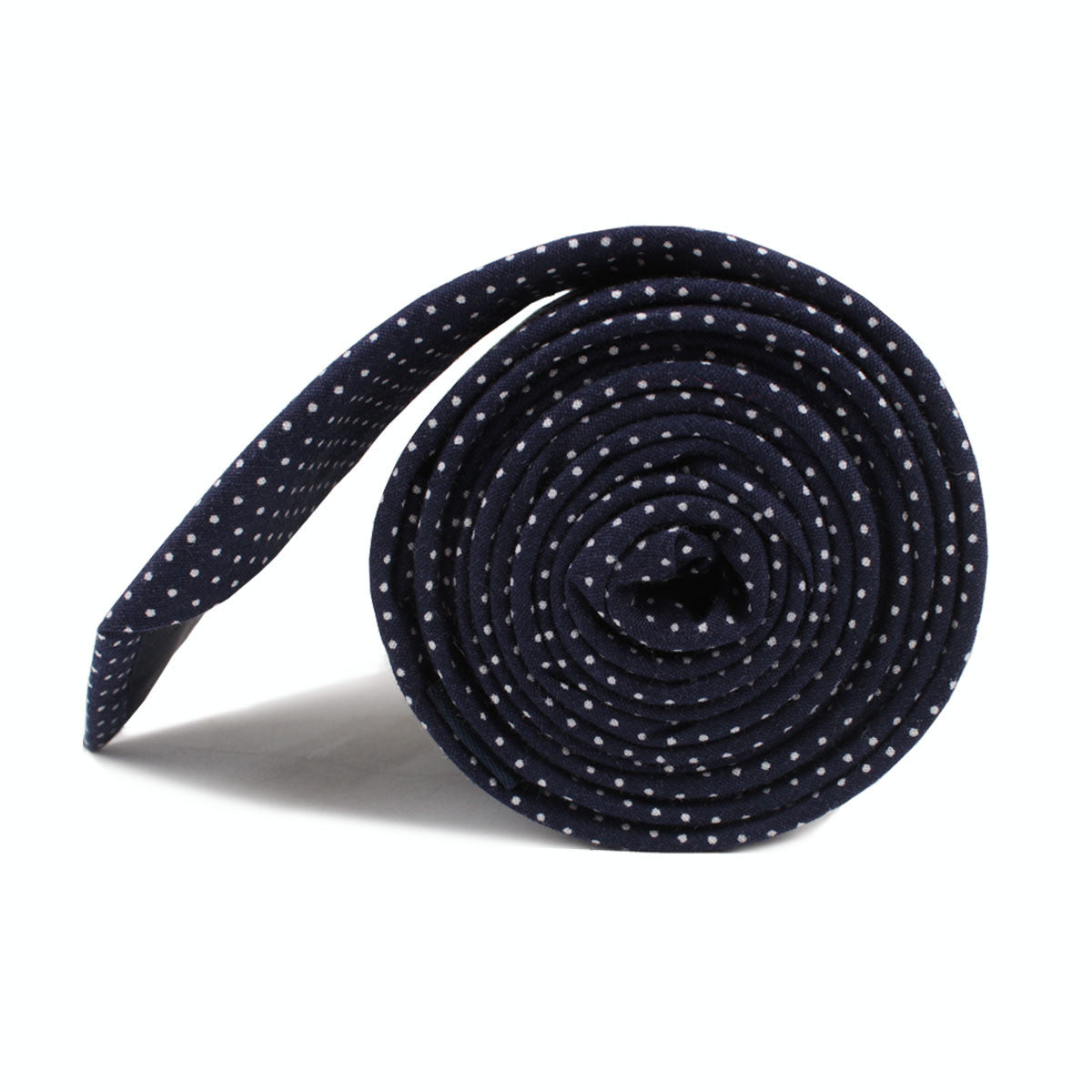 Navy Blue Cotton with White Mini Polka Dots Skinny Tie Side Roll