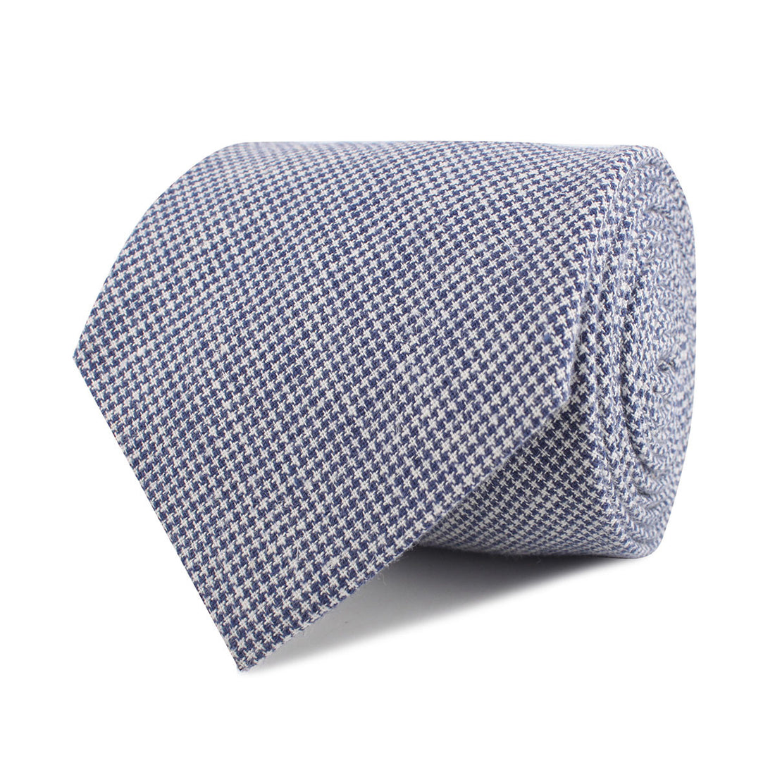 Navy Blue Houndstooth Linen Necktie Front Roll