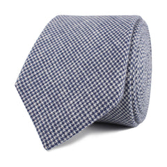 Navy Blue Houndstooth Linen Skinny Tie Front Roll
