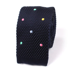 Navy Blue Knitted Tie with Green Blue Yellow & Pink Polka Dots