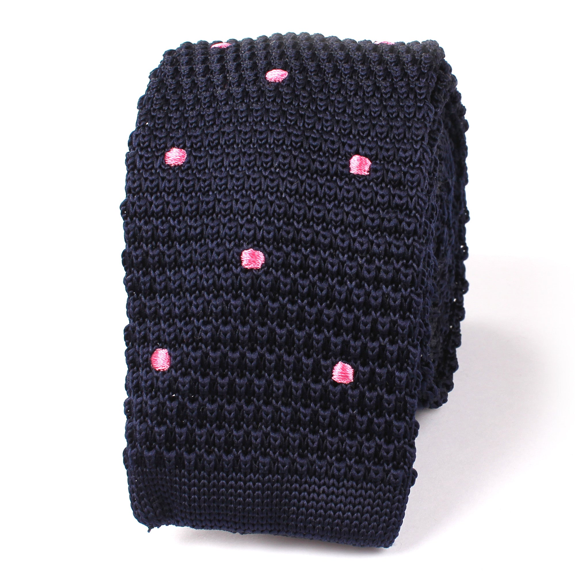 Navy Blue Knitted Tie with Pink Polka Dots