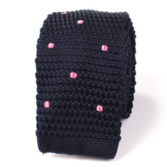 Navy Blue Knitted Tie with Pink Polka Dots
