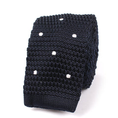 Navy Blue Knitted Tie with White Polka Dots