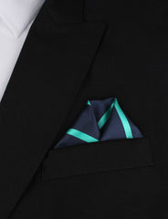 Navy Blue Pocket Square with Striped Aqua Green Winged Puff Fold