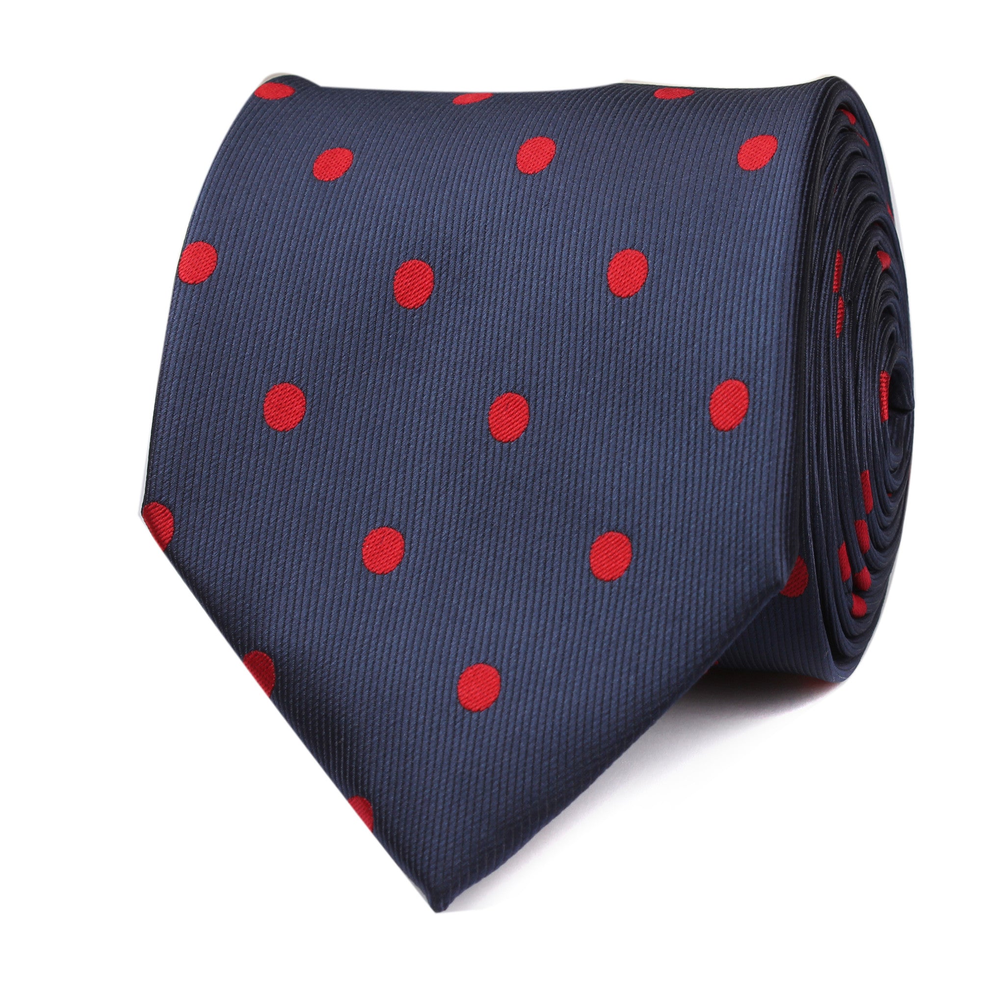 Navy Blue Tie with Red Polka Dots Front View