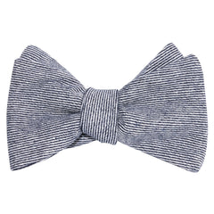 Navy Blue White Twill Stripe Linen Self Tie Bow Tie 1