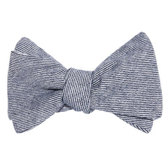 Navy Blue White Twill Stripe Linen Self Tie Bow Tie 2