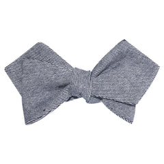 Navy Blue & White Twill Stripe Linen Self Tie Diamond Tip Bow Tie 1
