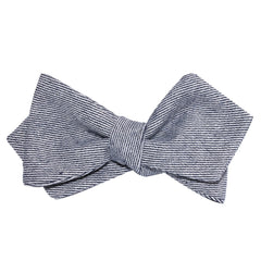 Navy Blue & White Twill Stripe Linen Self Tie Diamond Tip Bow Tie 3