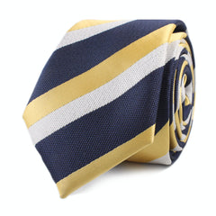Navy Blue & Yellow Stripe Skinny Tie Front Roll