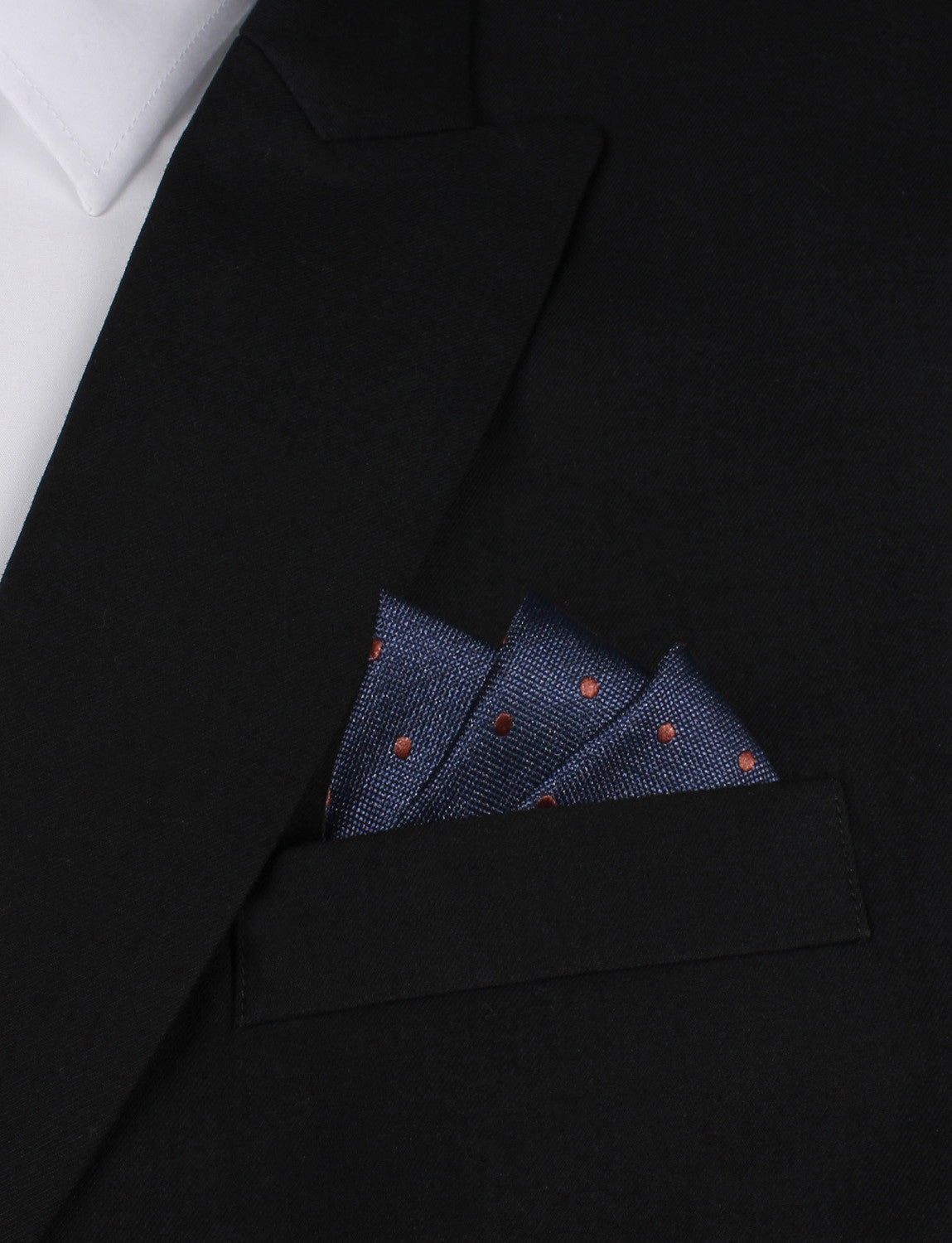 Navy Blue with Brown Polka Dots Oxygen Three Point Pocket Square Fold
